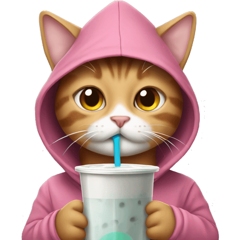 Cat wearing a hoodie drinking boba emoji