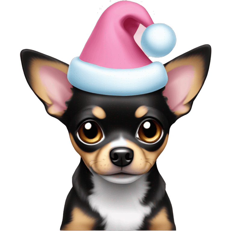 black & tan chihuahua puppy full body light blue eyes pink christmas hat on emoji