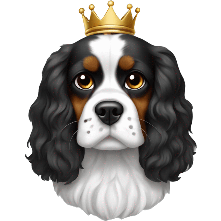 Black and white King Charles caviller with small brown spots above its eyes sitting down in  emoji