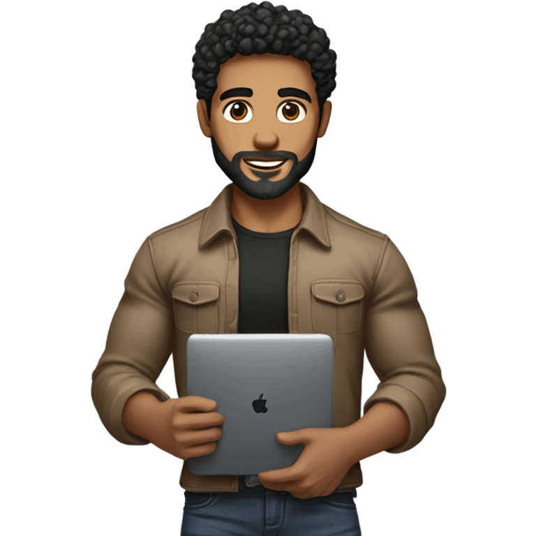 men holding his computer in hands. light brown skin men with curly black hair, dark brown eyes, little grown beard. ust a tiny bit muscular. dressed casual. round face. emoji