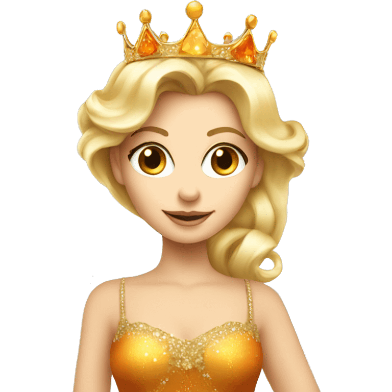 beautiful blond princess with crown in a golden dress drinking aperol emoji