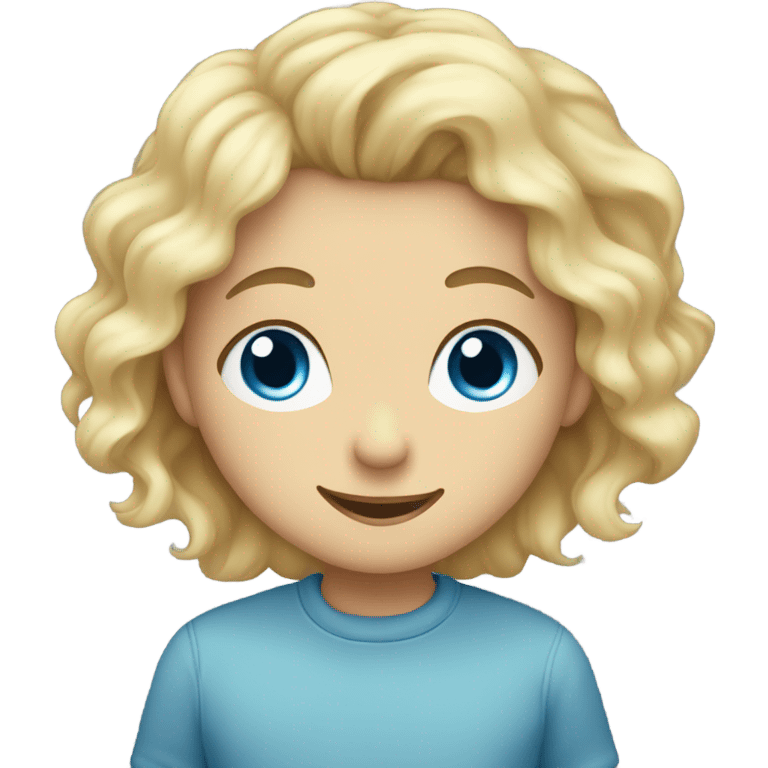 Blond girl Blue eyes and a boy with dark curly hair smiling and looking at her emoji