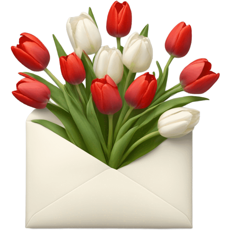 Light beige Envelope with 4 red tulips and 4 white tulips in. Just put more tulips in and make envelope colour lighter. Make envelope an off white colour emoji