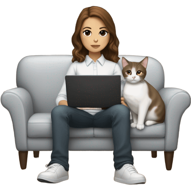 Light skinned girl with brown hair sitting on the couch laptop on her lap next to small gray and white tuxedo cat emoji