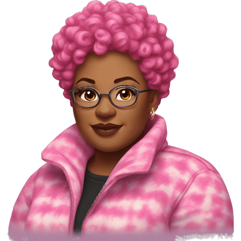 Plus size black woman with pink curly pixie cut hair and a tie dye winter coat  emoji