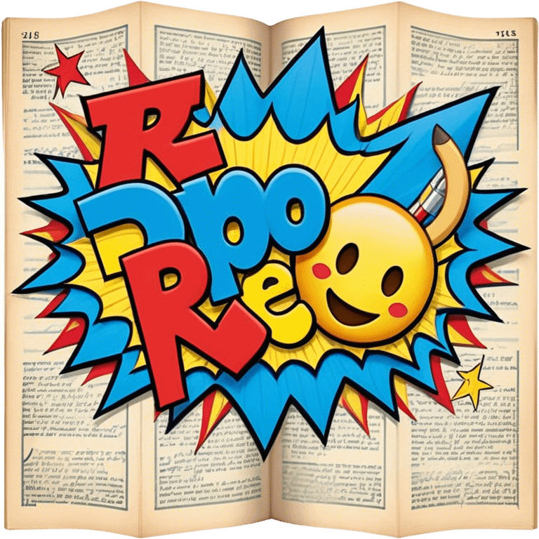 Create a vibrant emoji representing comic books and graphic novels as an art form. The design should feature a large, open comic book with vintage comic panels on the pages. Include a pencil (without a hand) gently writing text or sketching on the pages. The comic panels should have bold lines and retro-style artwork with classic comic book visuals. Use bright, energetic colors like red, yellow, and blue to evoke excitement and creativity. The overall design should feel dynamic, vintage, and artistic. Make the background transparent. emoji