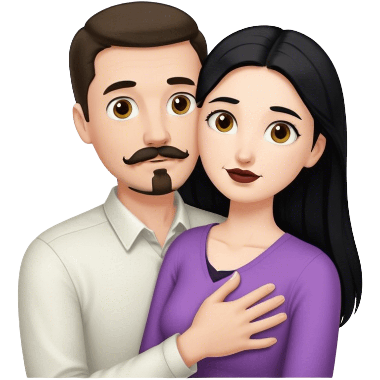 Tall white man with dark brown mustache and goatee hugging a short pale woman with long black hair emoji