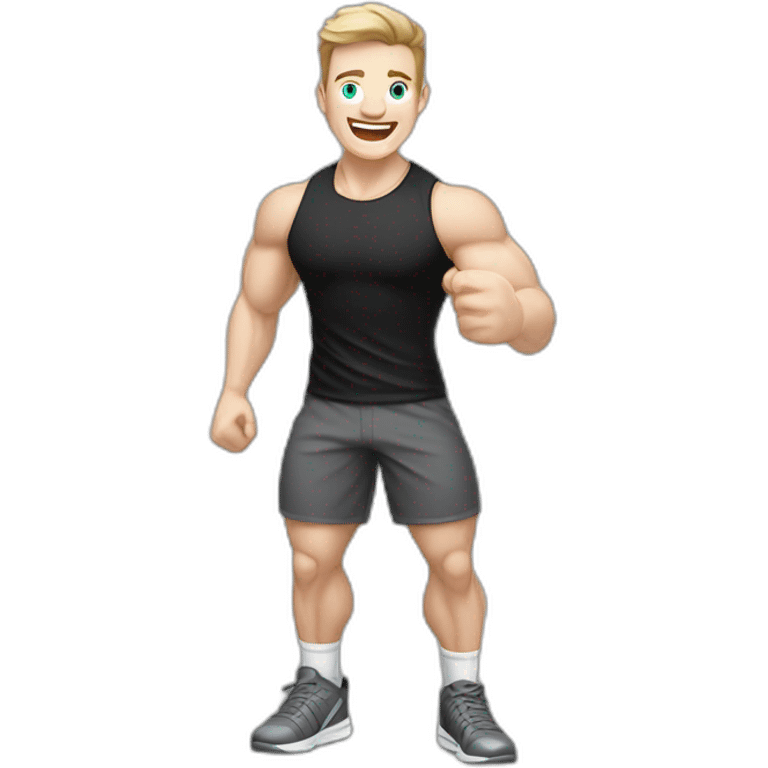 Joyful Celebrating victory Pale skinned Fit Man With the biceps and dark brown hair in black shirt, gray sports shorts and white Sneakers emoji