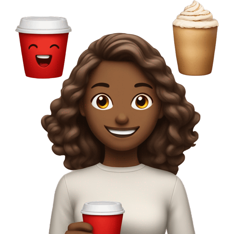 happy girl with coffee in a red cup in one hand and dessert in another  emoji