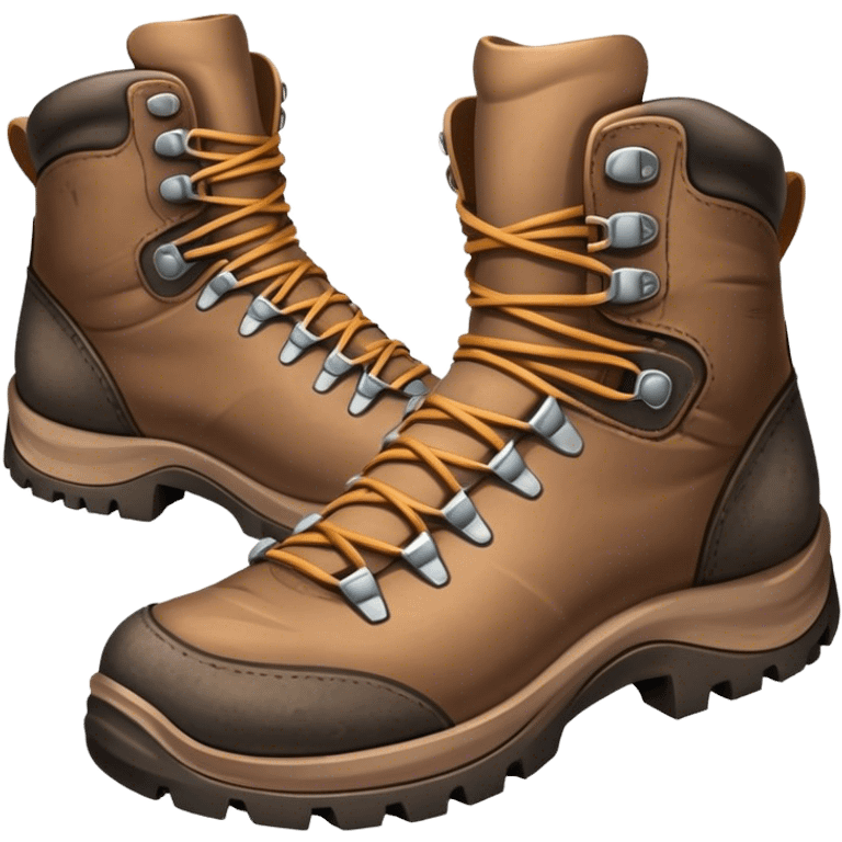 Cinematic Realistic Hiking Boots, well-worn leather boots resting on a rocky trail, scuffed edges and dirt-speckled laces adding character, glowing softly under the dappled sunlight filtering through the trees. emoji