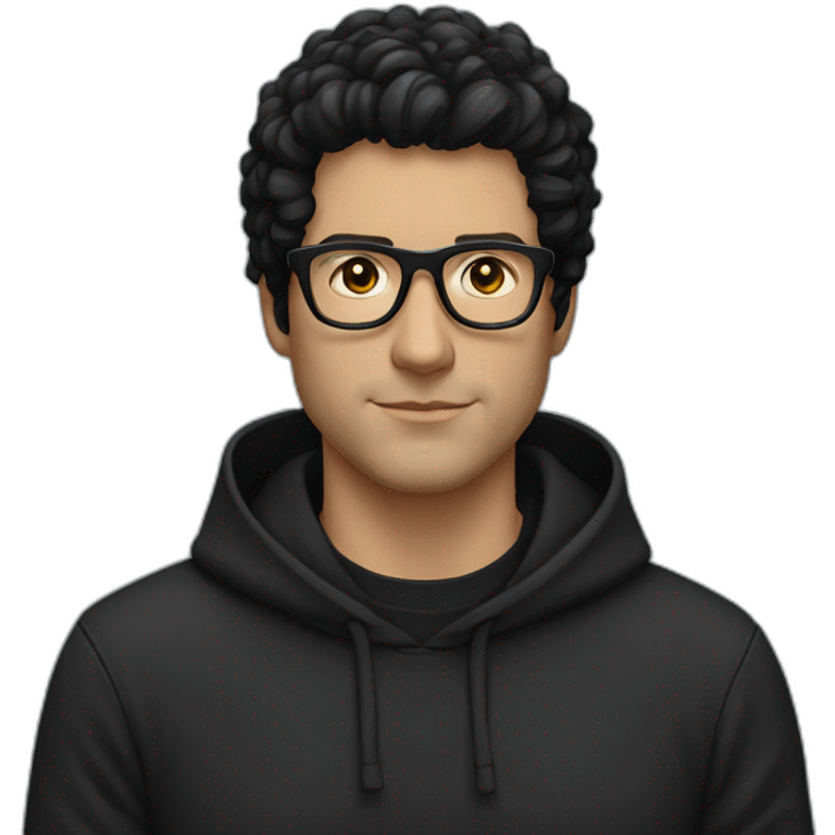 White man with black tinted glasses and black hair in a black hoodie with black hair  emoji