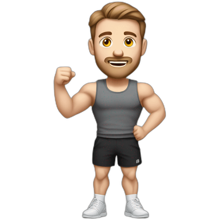 Full height realistic Actively gesturing with hands Pale skinned Fit Man With the biceps and brown hair in dark gray Sleeveless Mike, black oversize sports shorts, watch and white Sneakers emoji