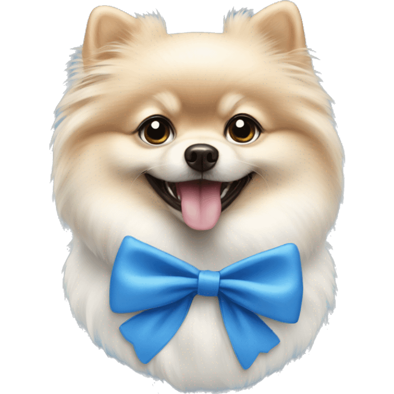 White Pomeranian wearing blue bow collar emoji