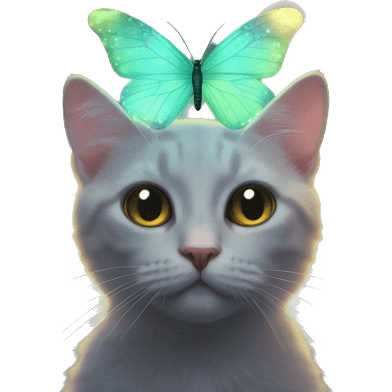 Dark iridescent butterfly glowing on top of cats head  emoji