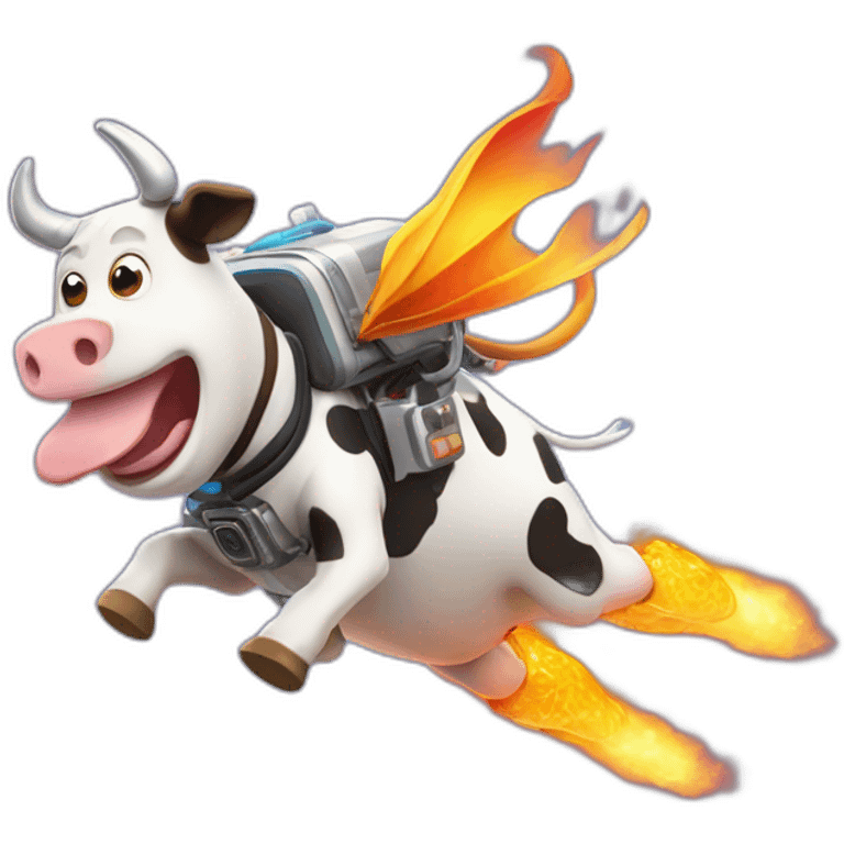 side-on view of cow flying to space while wearing a jetpack that is emitting flames, legs being pushed back by the wind emoji