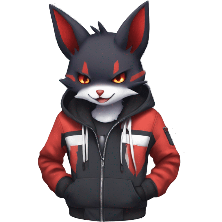 Dark Unique Anthro Cool Kawaii Horned Bat-Winged Zangoose-Litten-Pokémon with edgy stripes Punk Hoodie Cargo Collar emoji