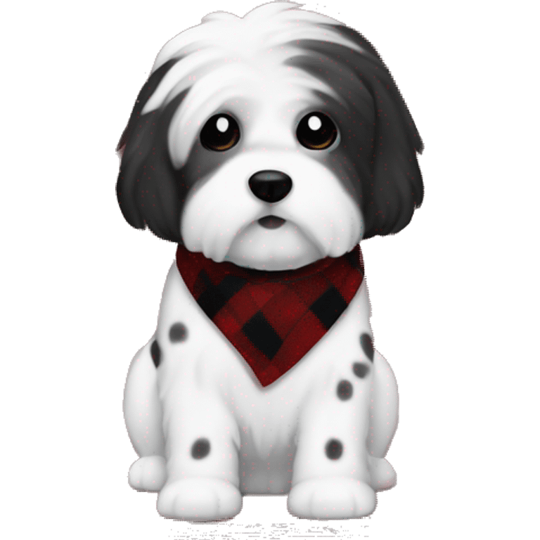 white dog with black spots havanese dog with red and black plaid sweater Boy emoji