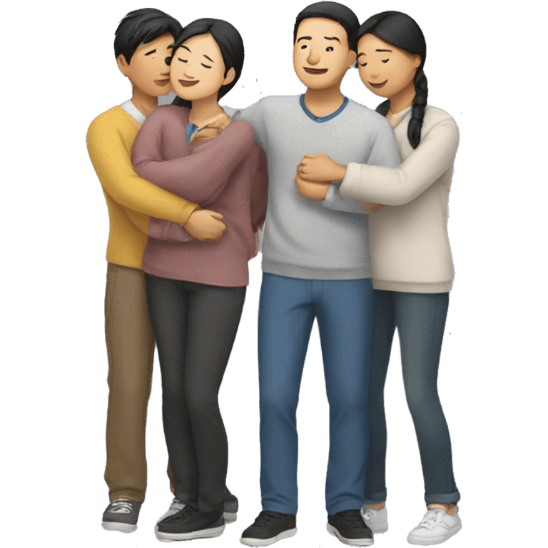 Three Asians standing side by side and looking at each other and hugging each other emoji