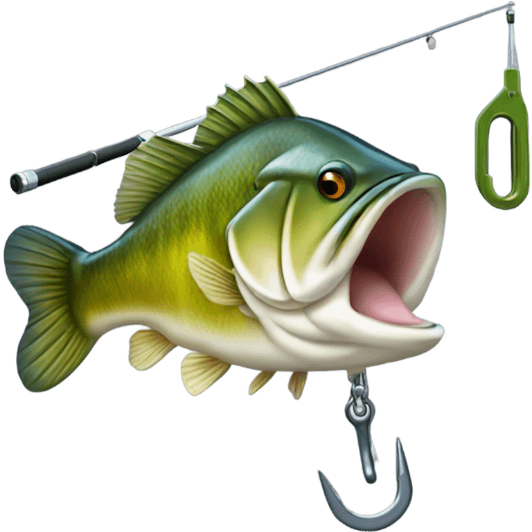 A bass fish getting off the hook on a rod and reel emoji