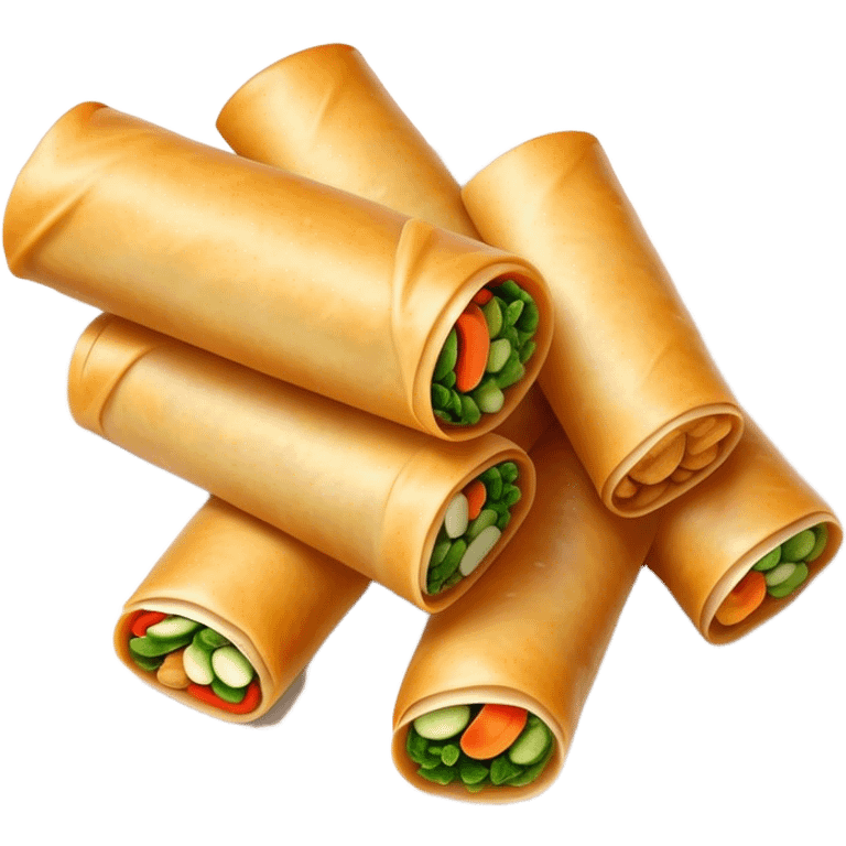 Cinematic Realistic Spring Rolls Dish Emoji, featuring golden, crispy rolls filled with fresh vegetables rendered with detailed textures and warm natural lighting. emoji