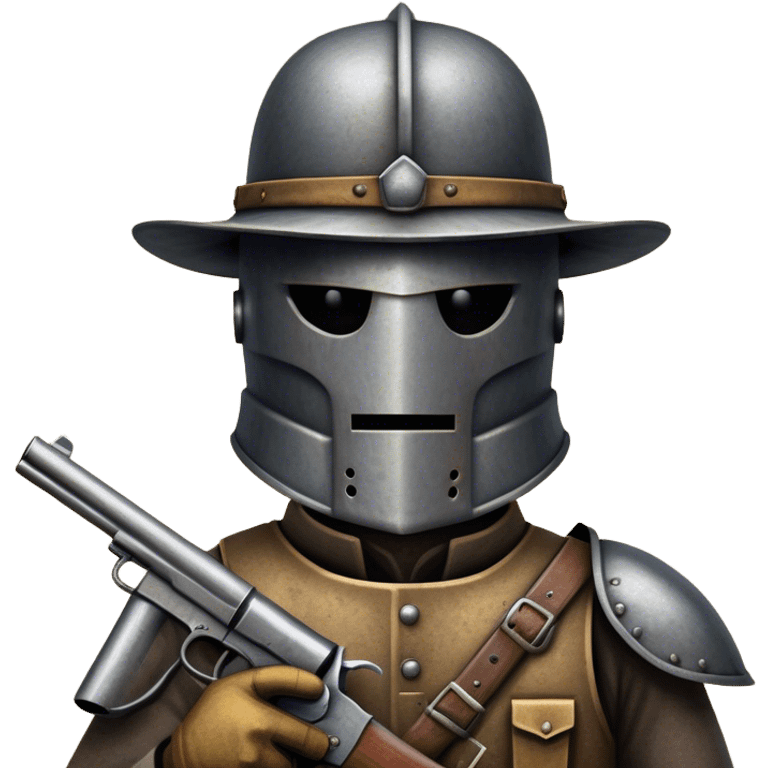 Cinematic Realistic Ned Kelly Portrait Emoji, depicted as the legendary Australian bushranger in his iconic homemade iron helmet and armor, gripping a revolver with a defiant stance. The scene is rendered with gritty textures and dramatic, shadowed lighting, evoking the lawless frontier and his rebellious, fearless legacy. emoji