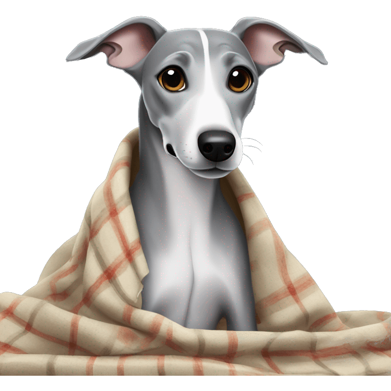 Grey whippet with a blanket emoji