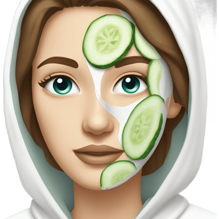 White girl with Brown hair and blue eyes wears a Green colored skincare clay textured mask and puts on cucumbers around her eyes while She relaxes in her white Robe emoji