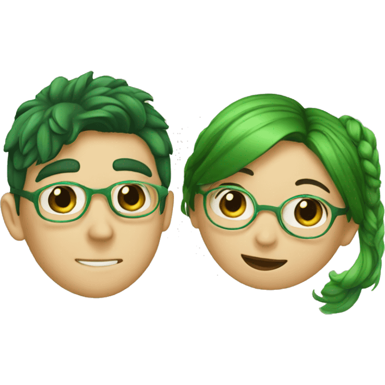 A boy with brown hair and a mustache is kissing a green haired girl wearing glasses emoji