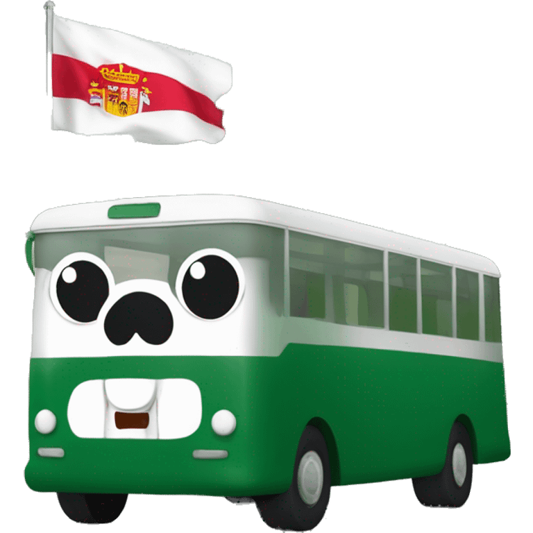 Autobus de color verde oscuro con tonos blancos y una bandera de españa pegada emoji