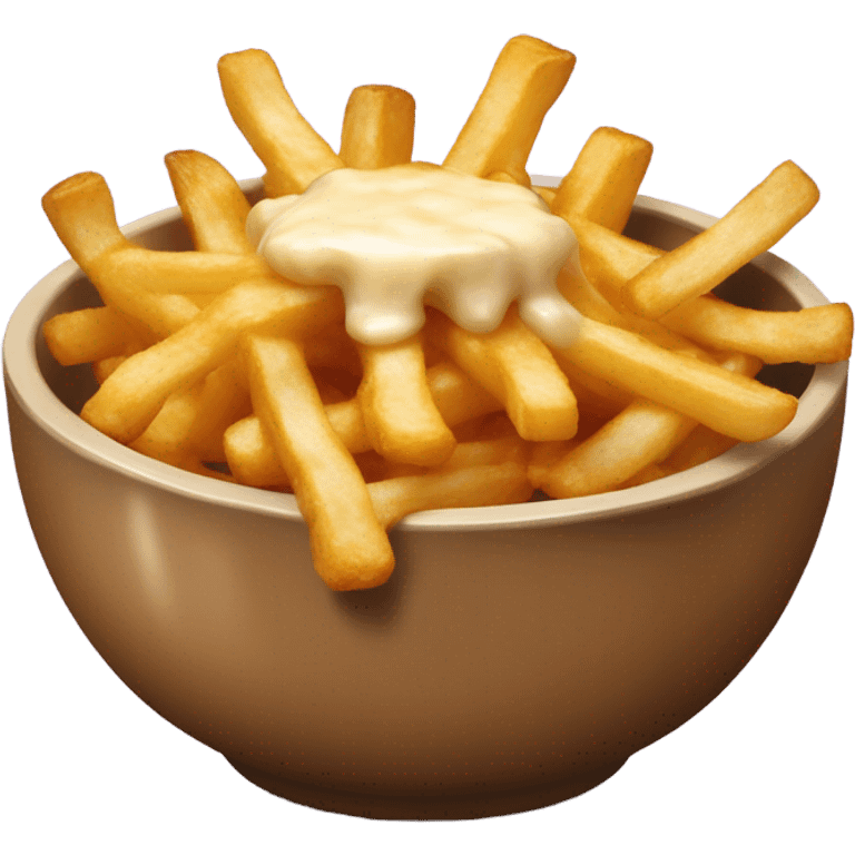 Bowl with fries and cheese curds on top covered in gravy emoji