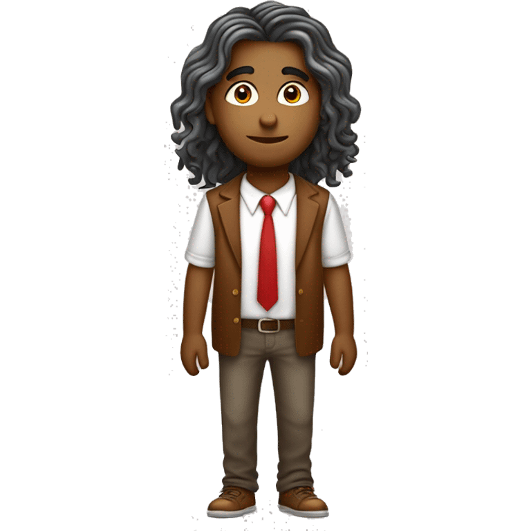 menino branco com cabelo middle part curtain comprimento até a orelha ondulado marrom, sobrancelhas retas, com olhos ambar e numa pose radical. vestindo uma camiseta vermelha. estilo 2d emoji