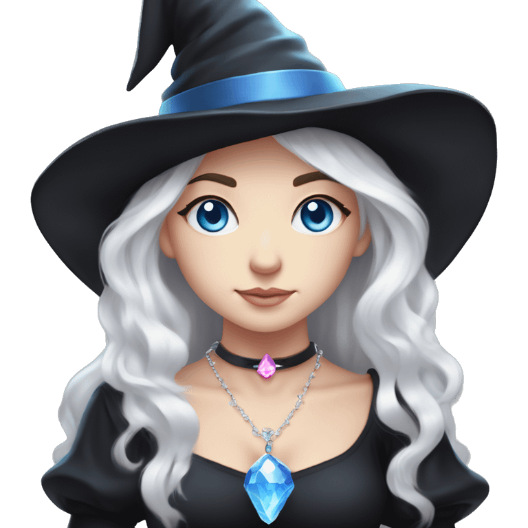 pale young witch wearing a low cut black dress, a pink crystal necklace, and a witch hat, with white hair and bright blue eyes, making prayer hand emoji