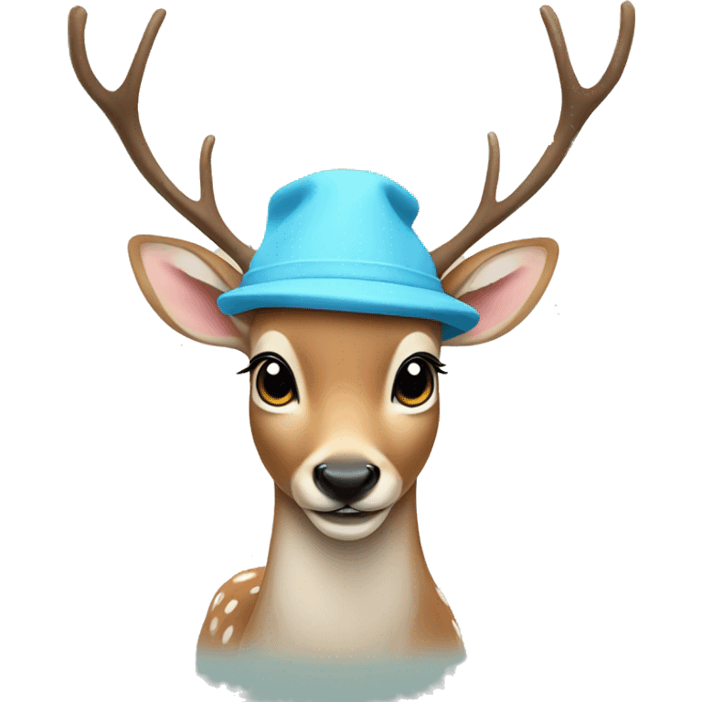 Small humanised deer with light blue hat smiling emoji