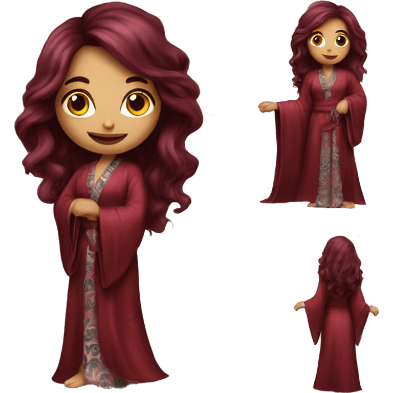 Beautiful tattooed burgundy long haired woman in silk robe emoji