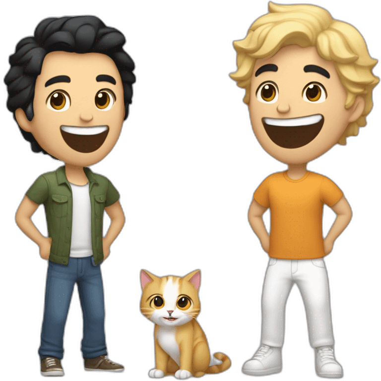 Gay couple, 1 guy Latino black straight hair and 1 Australian white guy with blonde slightly curly hair laughing full body and a cat in the middle emoji