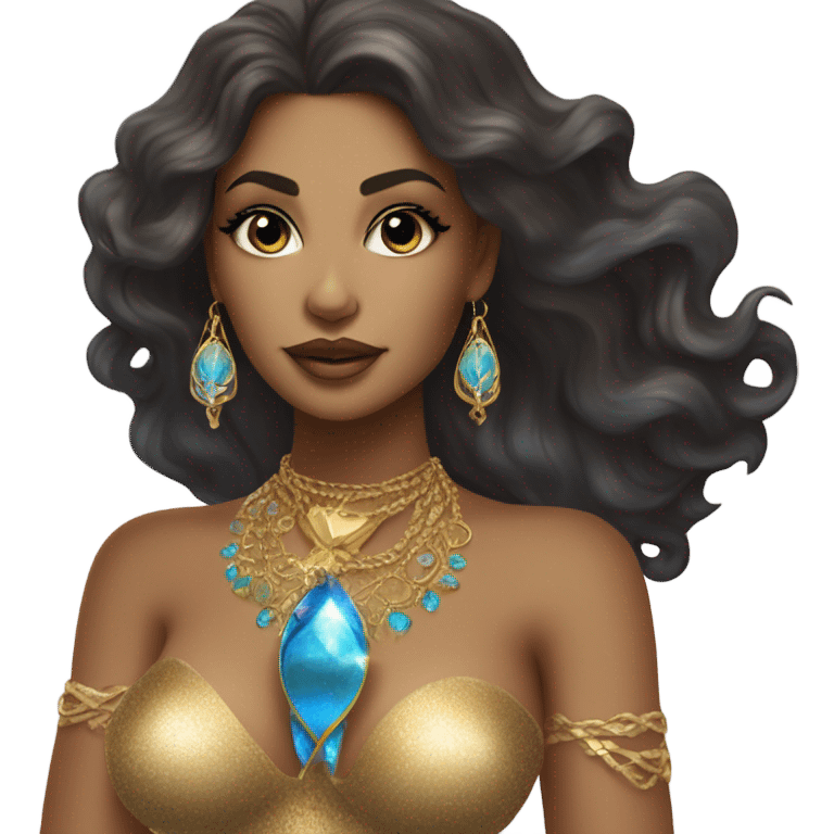 Divine feminine luxurious, sensual mermaid siren, bronze tan famous singer dark hair gold jewelry blue jewelry 9th dimension  emoji