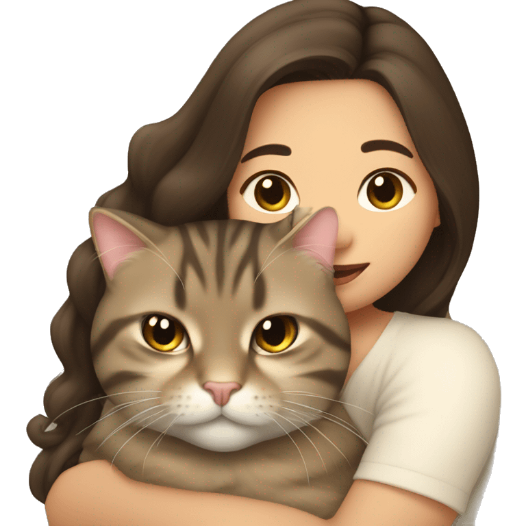 long hair brunette asian woman snuggling fat tabby cat emoji