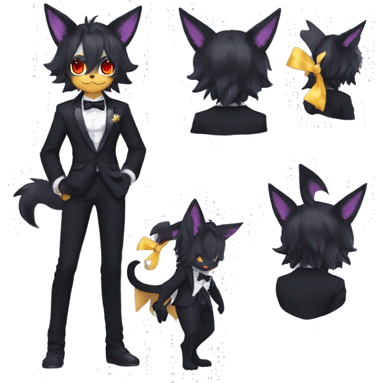 Shiny Dark Cool Edgy Black beautiful ethereal fantasy Kawaii Sona Umbreon-Litten-Fakemon-cat-animal with edgy bat-ears bow tie black emo-mane vtuber model Full Body emoji