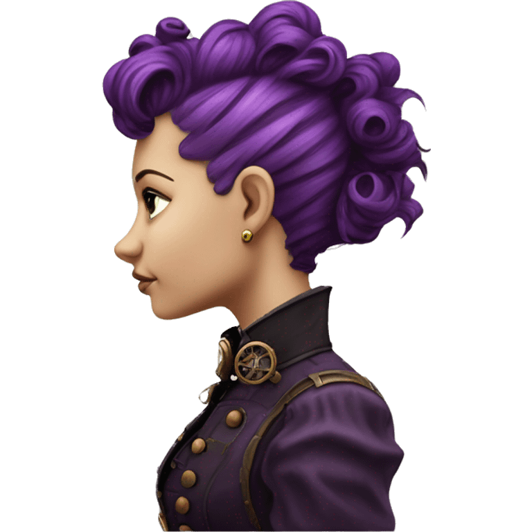 steampunk profile short mohawk purple Victorian wavy  on Caucasian girl with small nose round fat face emoji