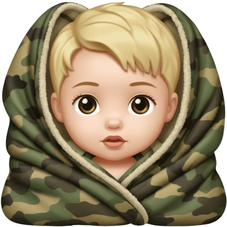 Baby girl wrapped in a camo blanket ￼ emoji