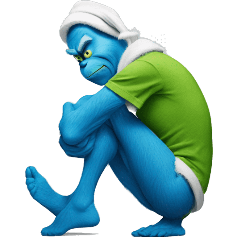 The grinch but he’s blue and touching his knee in pain with a bandage around his knee emoji