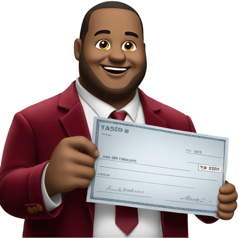 fat guy in dark red velvet suit holding cheque emoji