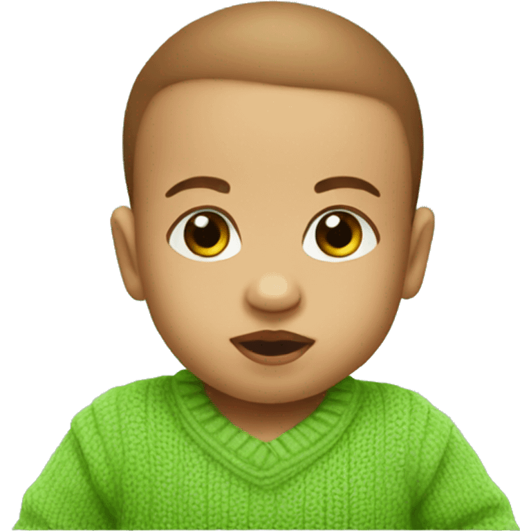 a 2 month old baby with a green sweater and brown eyes farts emoji