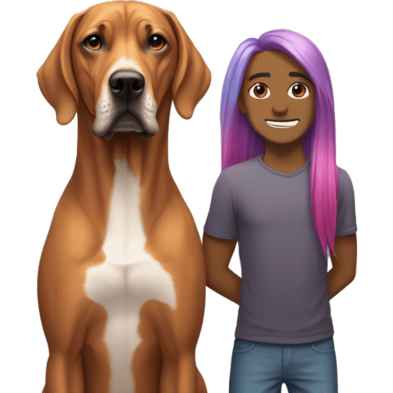 white male with long rainbow colored hair standing alongside a brown rhodesian ridgeback emoji