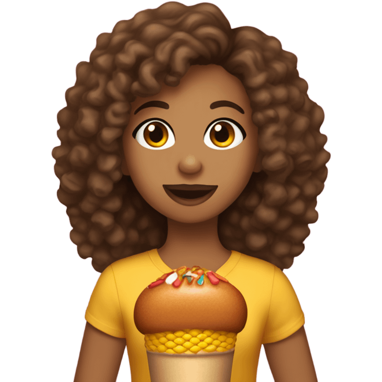 Girl with brown curly hair and olive skin tone and hazel eyes eating a corn dog emoji