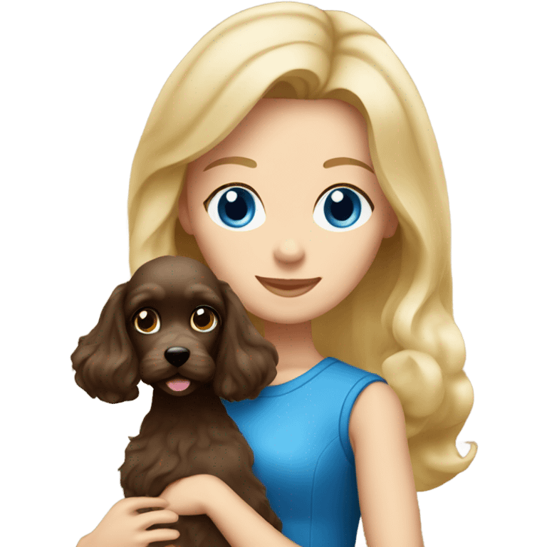 Old blue eyed blonde lady with long straight hair with dark brown Cockapoo puppy dog emoji