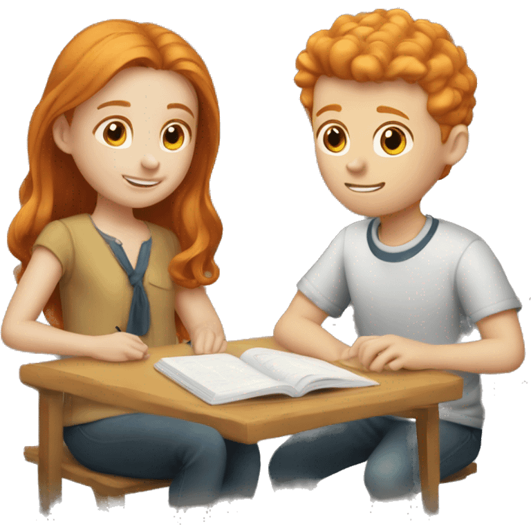 one ginger girl and one brunette boy studying emoji