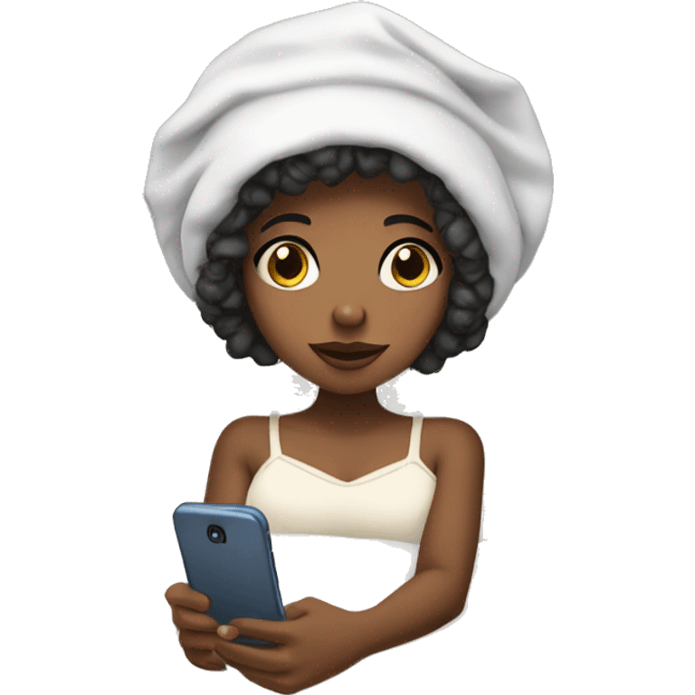 A black girl with a bonnet on in bed with her phone n her hand emoji