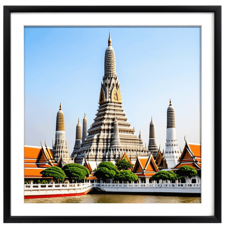 Cinematic Realistic Wat Arun Landmark Emoji, depicting the towering temple spires adorned with intricate porcelain mosaics emoji