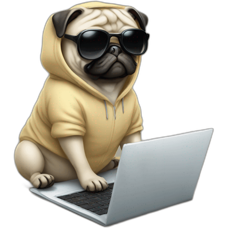 Pug wearing a hoodie and using a laptop and wearing sunglasses emoji